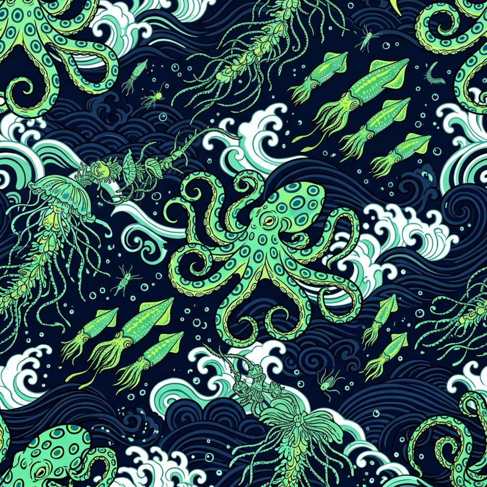 navy blue, lime green, neon green, mint green, white, ocean theme, nautical, sea creatures, octopus, squid, jellyfish, waves, water, whimsical, modern, abstract, bioluminescent, deep sea, ocean life, marine life, coastal, glow effect, darkly whimsical, gothic ocean, fantasy ocean, sea fantasy, illustrated, decorative waves, tentacles, playroom