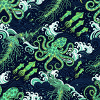 navy blue, lime green, neon green, mint green, white, ocean theme, nautical, sea creatures, octopus, squid, jellyfish, waves, water, whimsical, modern, abstract, bioluminescent, deep sea, ocean life, marine life, coastal, glow effect, darkly whimsical, gothic ocean, fantasy ocean, sea fantasy, illustrated, decorative waves, tentacles, playroom