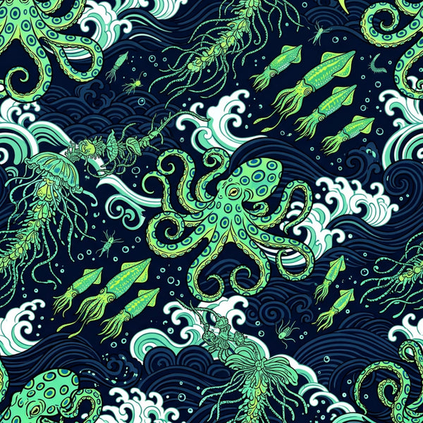 navy blue, lime green, neon green, mint green, white, ocean theme, nautical, sea creatures, octopus, squid, jellyfish, waves, water, whimsical, modern, abstract, bioluminescent, deep sea, ocean life, marine life, coastal, glow effect, darkly whimsical, gothic ocean, fantasy ocean, sea fantasy, illustrated, decorative waves, tentacles, playroom