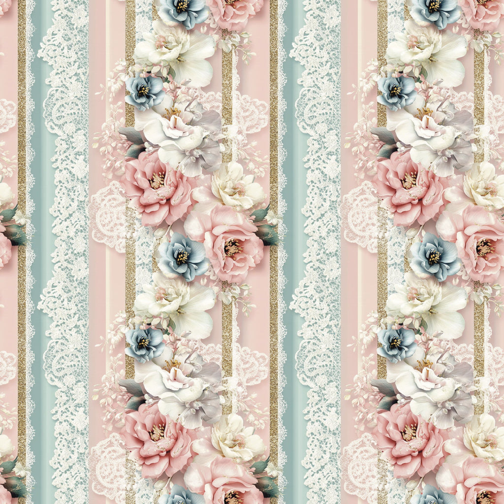 blush pink, dusty blue, cream white, gold glitter, floral stripes, vintage roses, lace trim, peonies, botanical design, shabby chic, romantic style,, fabric panel, pastel colors, striped pattern, decorative flowers, soft feminine, vintage inspired, cotton fabric