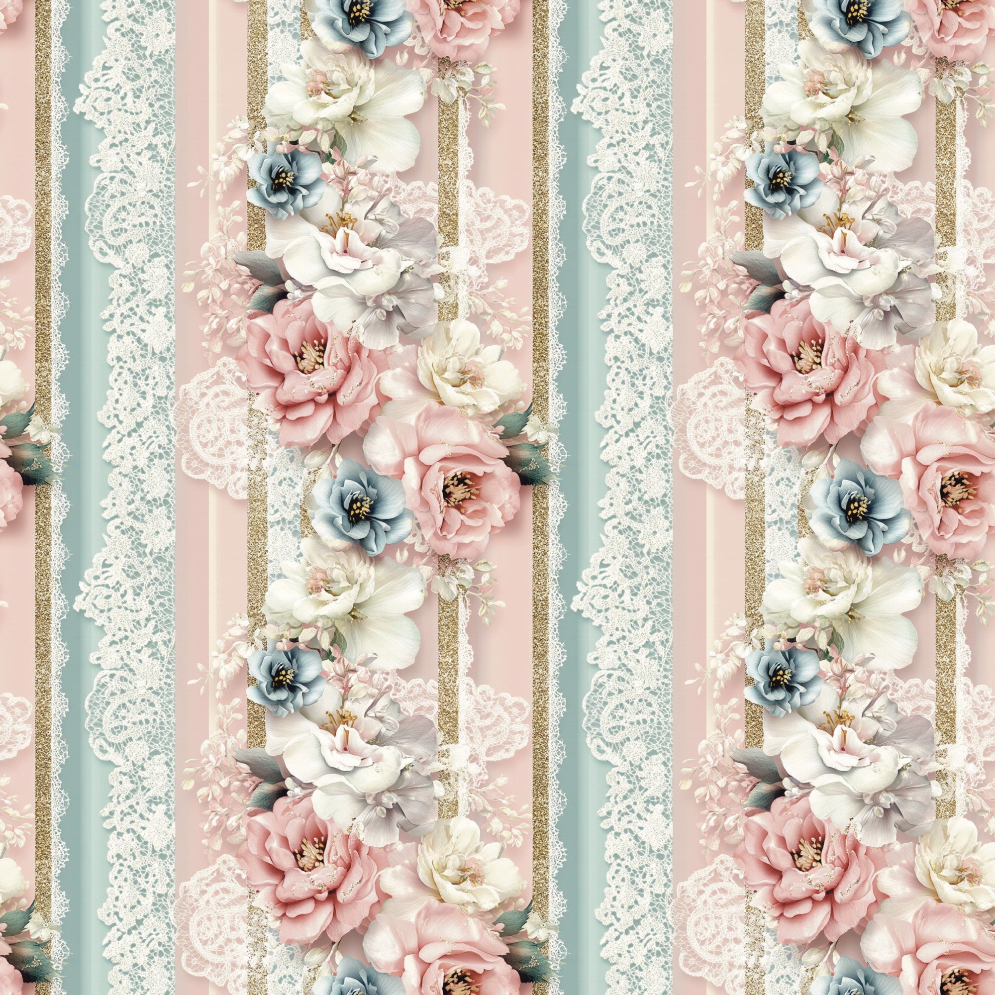 blush pink, dusty blue, cream white, gold glitter, floral stripes, vintage roses, lace trim, peonies, botanical design, shabby chic, romantic style,, fabric panel, pastel colors, striped pattern, decorative flowers, soft feminine, vintage inspired, cotton fabric