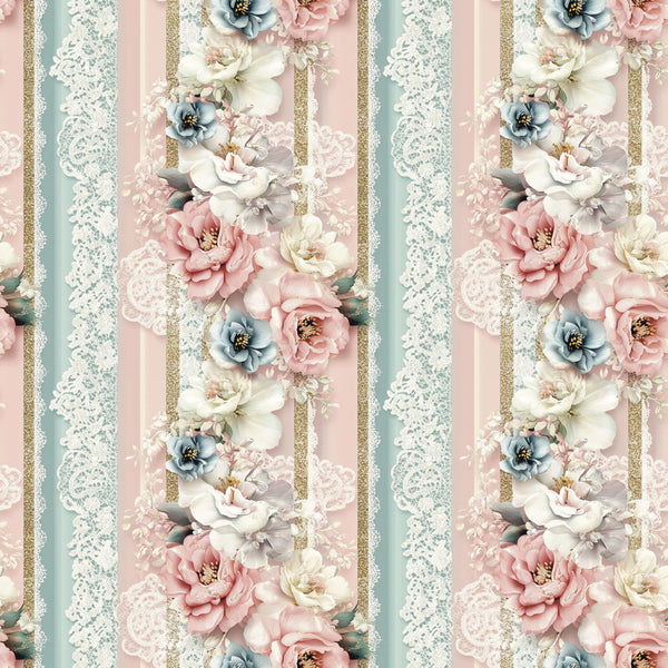 blush pink, dusty blue, cream white, gold glitter, floral stripes, vintage roses, lace trim, peonies, botanical design, shabby chic, romantic style,, fabric panel, pastel colors, striped pattern, decorative flowers, soft feminine, vintage inspired, cotton fabric