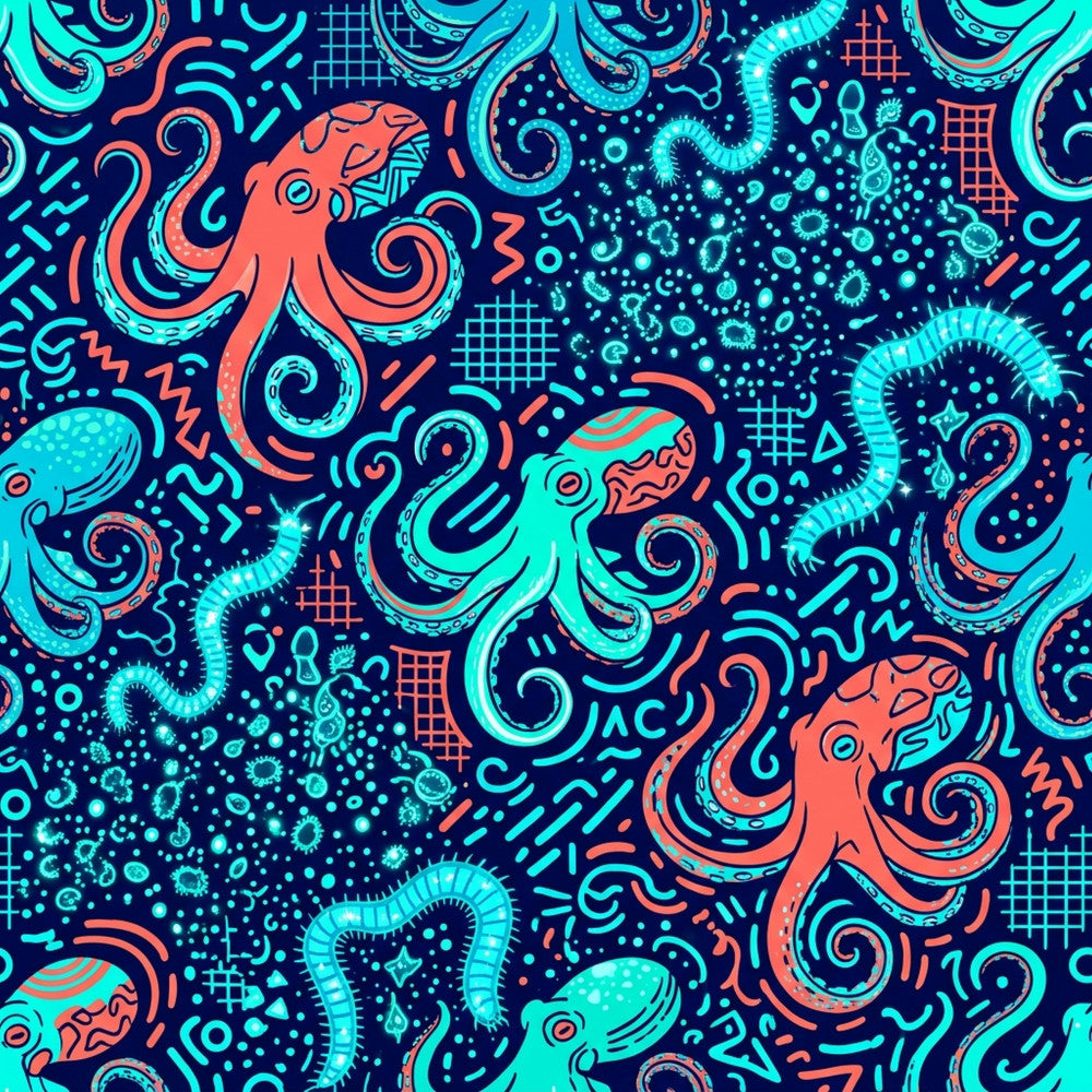 navy blue, cyan blue, turquoise, coral, neon orange, bright colors, vibrant, neon, octopus, sea creatures, tentacles, marine life, ocean, underwater, bacteria, microorganisms, scientific, abstract, modern, whimsical, playful, bold, geometric patterns, swirls, curvy lines, contemporary, kids room, playroom, nursery, glow effect