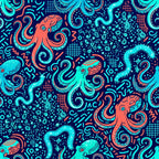 navy blue, cyan blue, turquoise, coral, neon orange, bright colors, vibrant, neon, octopus, sea creatures, tentacles, marine life, ocean, underwater, bacteria, microorganisms, scientific, abstract, modern, whimsical, playful, bold, geometric patterns, swirls, curvy lines, contemporary, kids room, playroom, nursery, glow effect