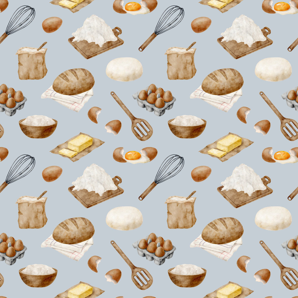 watercolor, baking pattern,, fabric panel, food illustration, kitchen utensils, eggs, flour, bread, butter, whisk, rolling pin, mixing bowl, cooking ingredients, culinary theme, beige, brown, cream, white, yellow, gray background, repeating pattern, cooking motifs, baking supplies