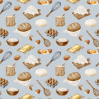 watercolor, baking pattern,, fabric panel, food illustration, kitchen utensils, eggs, flour, bread, butter, whisk, rolling pin, mixing bowl, cooking ingredients, culinary theme, beige, brown, cream, white, yellow, gray background, repeating pattern, cooking motifs, baking supplies