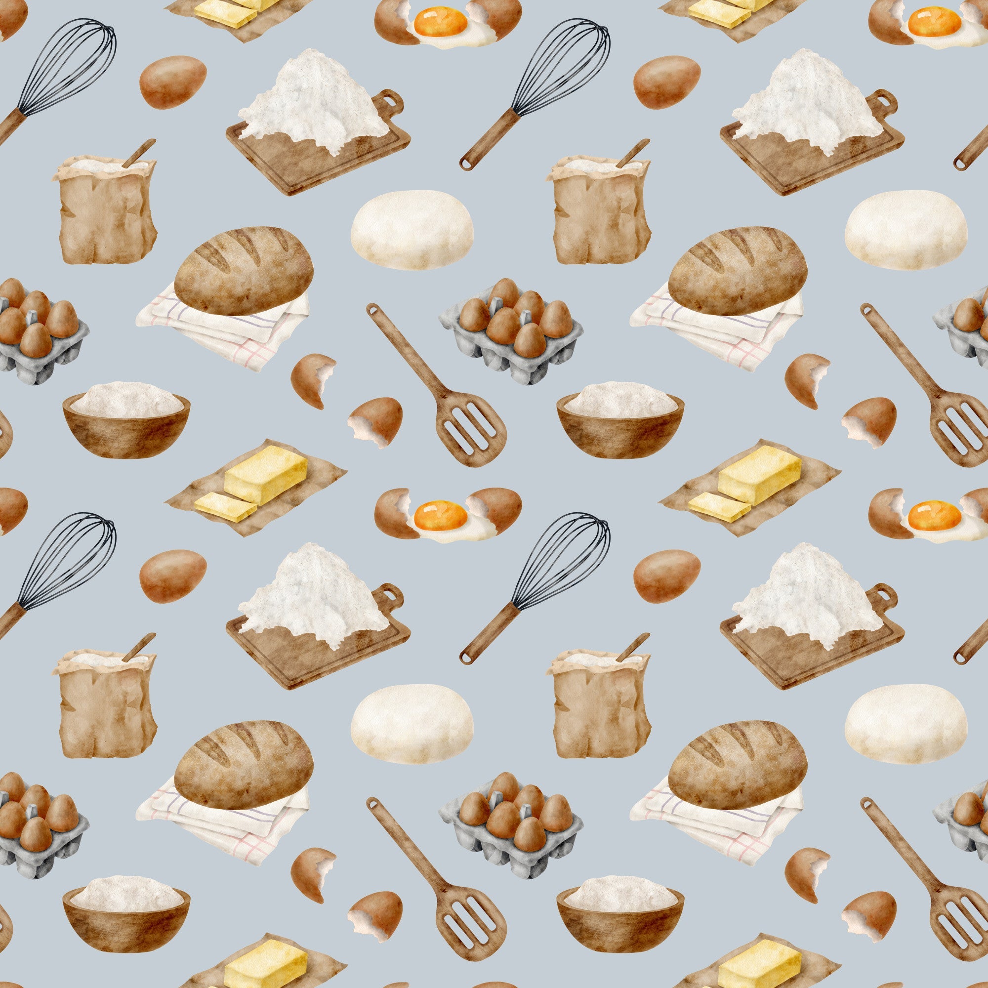 watercolor, baking pattern,, fabric panel, food illustration, kitchen utensils, eggs, flour, bread, butter, whisk, rolling pin, mixing bowl, cooking ingredients, culinary theme, beige, brown, cream, white, yellow, gray background, repeating pattern, cooking motifs, baking supplies