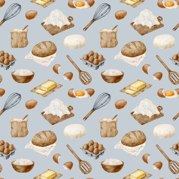 watercolor, baking pattern,, fabric panel, food illustration, kitchen utensils, eggs, flour, bread, butter, whisk, rolling pin, mixing bowl, cooking ingredients, culinary theme, beige, brown, cream, white, yellow, gray background, repeating pattern, cooking motifs, baking supplies