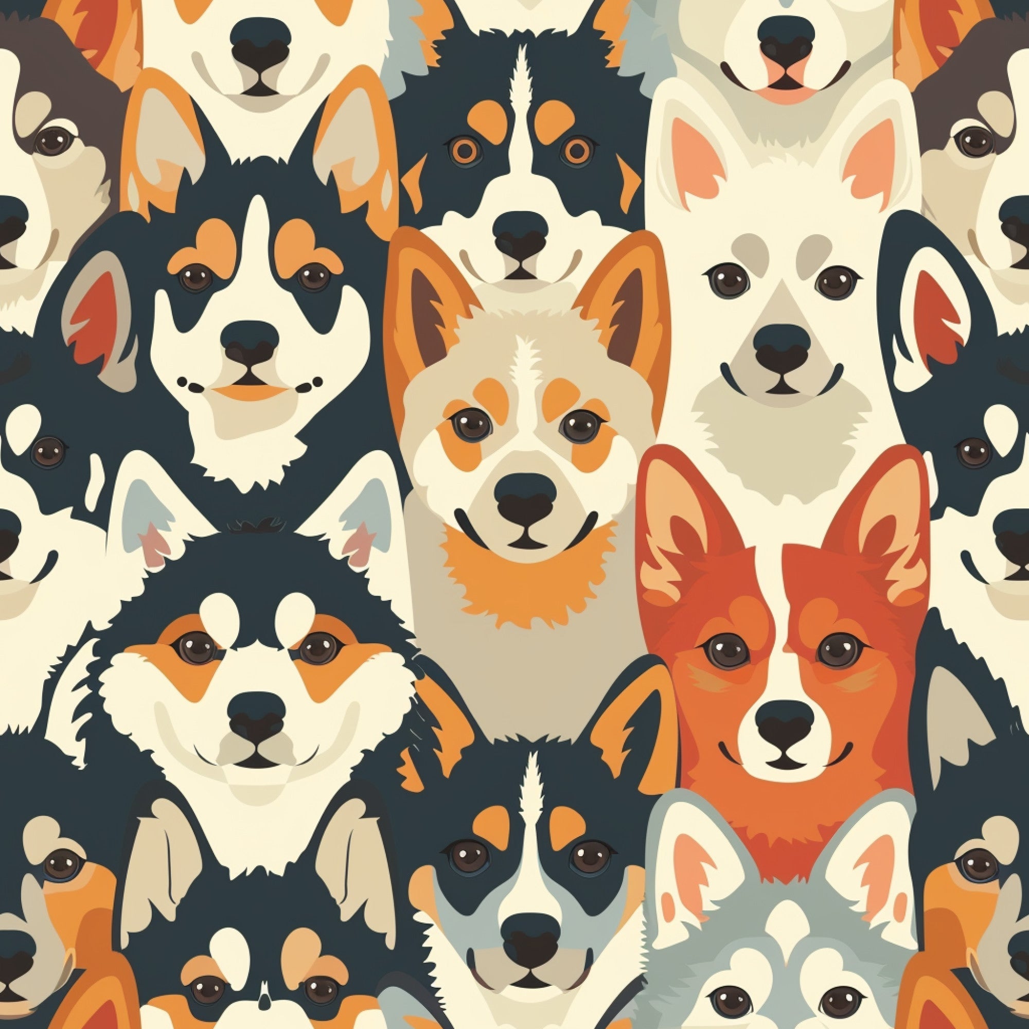 dog faces, canine pattern, geometric style, orange, cream, navy blue, rust red, gray,, fabric panel, repeating pattern, pet themed, modern illustration, cartoon dogs, animal faces, craft fabric, sewing material, stylized artwork, contemporary design, dog breeds