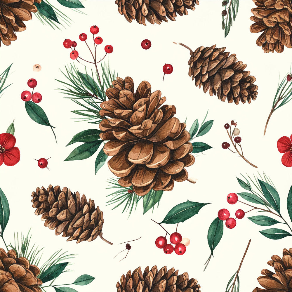 cream, burgundy red, forest green, sage green, brown, pinecone, berries, evergreen, botanical, nature, woodland, holiday, christmas, winter, rustic, traditional, elegant, natural, vintage, autumn, fall, festive, decorative, branches, needles, red berries, pine needles, seasonal, home decor