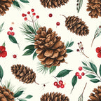 cream, burgundy red, forest green, sage green, brown, pinecone, berries, evergreen, botanical, nature, woodland, holiday, christmas, winter, rustic, traditional, elegant, natural, vintage, autumn, fall, festive, decorative, branches, needles, red berries, pine needles, seasonal, home decor