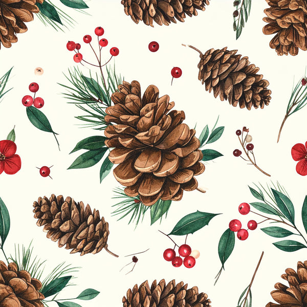 cream, burgundy red, forest green, sage green, brown, pinecone, berries, evergreen, botanical, nature, woodland, holiday, christmas, winter, rustic, traditional, elegant, natural, vintage, autumn, fall, festive, decorative, branches, needles, red berries, pine needles, seasonal, home decor