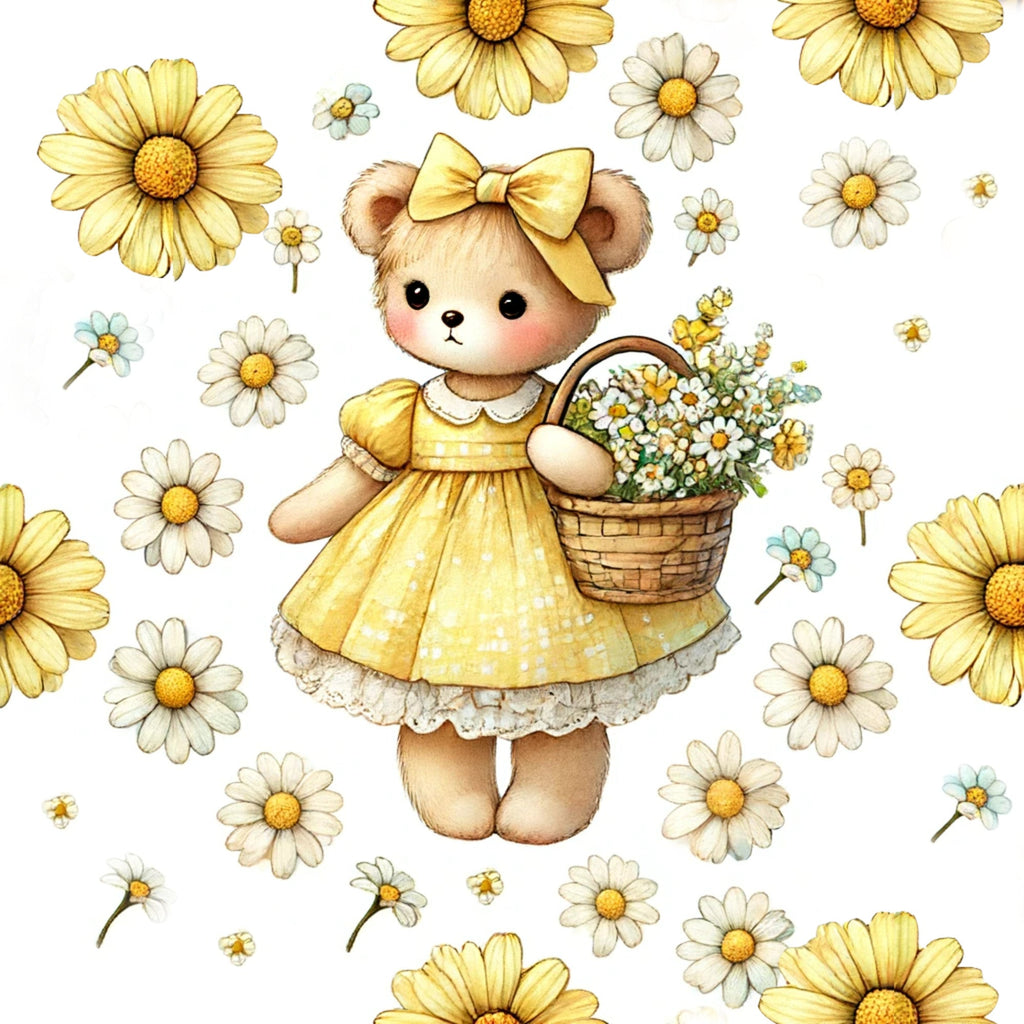 yellow, cream, white, golden, daisy flowers, teddy bear, bow tie, wicker basket, floral pattern, scattered daisies,, fabric panel, cute character, spring theme, cheerful design, polka dot dress, vintage style, children's fabric, nursery decor, soft pastels