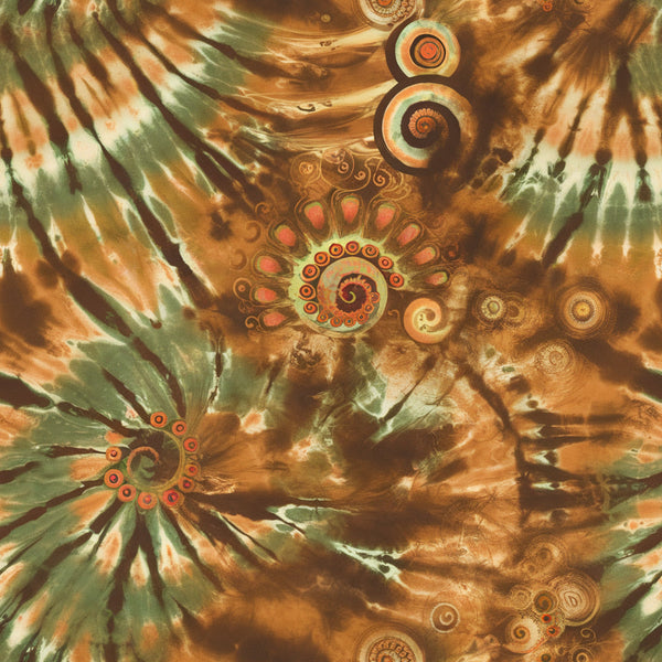 retro tie dye, swirling patterns, orange, green, brown, earth tones, circular motifs, spiral designs, psychedelic, groovy, 1960s style, abstract patterns, radiating lines, mandala elements, bohemian, vintage vibes,, fabric panel, hippie aesthetic, kaleidoscope effect