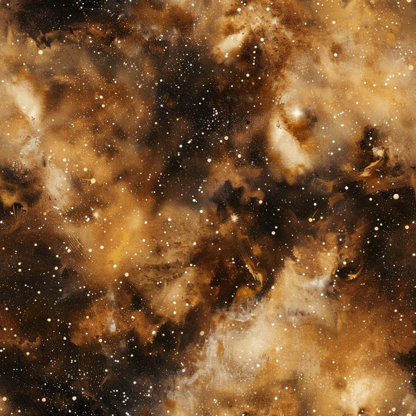 brown, amber, golden, burnt orange, black, space nebula, galaxy pattern, cosmic clouds, starfield, celestial design, painted effect, watercolor style, astronomical theme,, fabric panel, dreamy atmosphere, swirling clouds, deep space, stellar nursery, cosmic dust