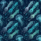 navy blue, turquoise, cyan, teal, aqua, neon green, luminescent, bioluminescent, jellyfish, squid, cephalopod, ocean, sea life, marine, underwater, nautical, glowing, neon, fluorescent, celestial, cosmic, deep sea, mystical, whimsical, magical, modern, contemporary, sci-fi, fantasy, glow in the dark style