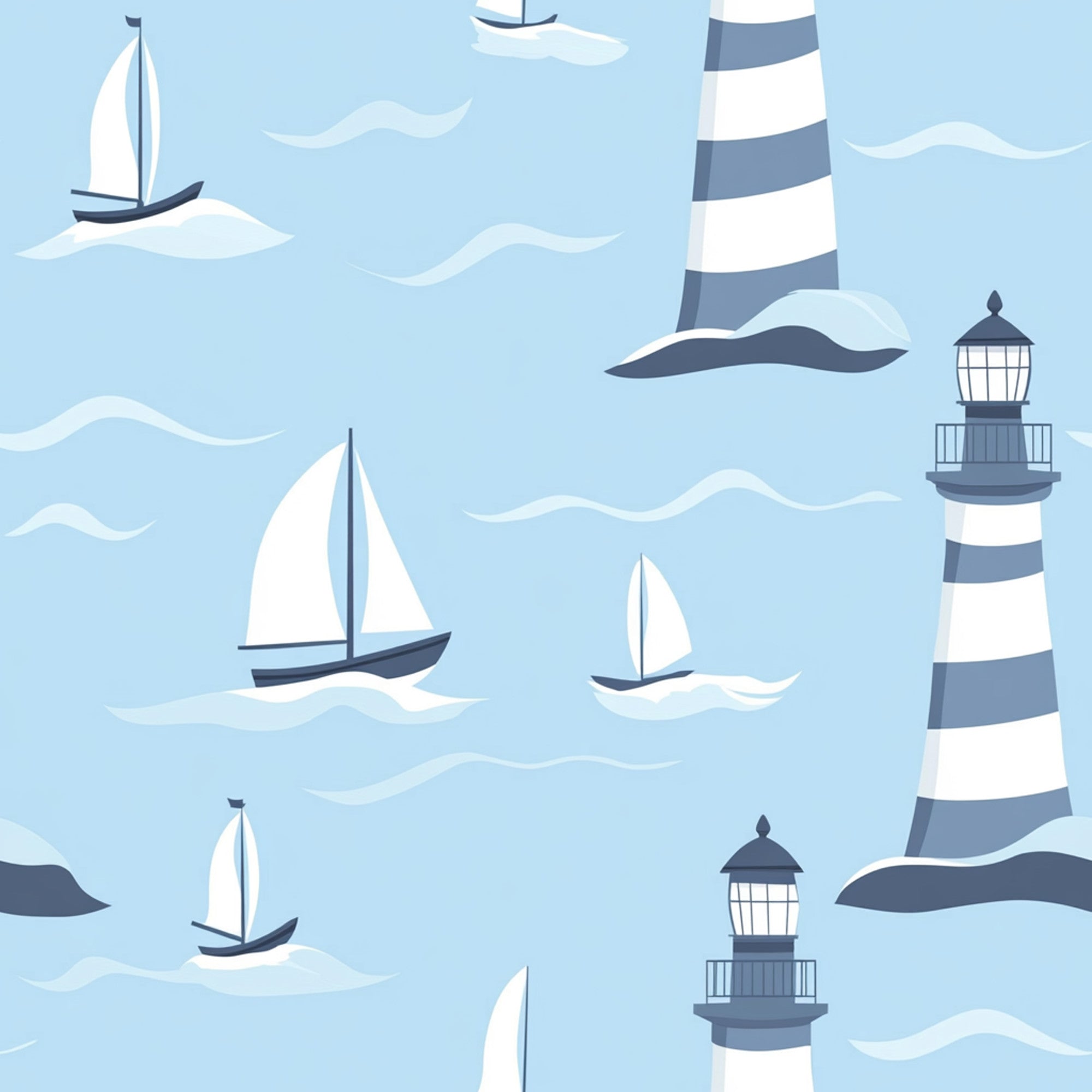 light blue, navy blue, white, lighthouse, sailboats, ocean waves, nautical pattern, maritime theme, striped lighthouse, sailing vessels, coastal scene,, fabric panel, repeating pattern, nautical motif, seascape design, boats on water, lighthouse beacon, marine elements, sailing theme