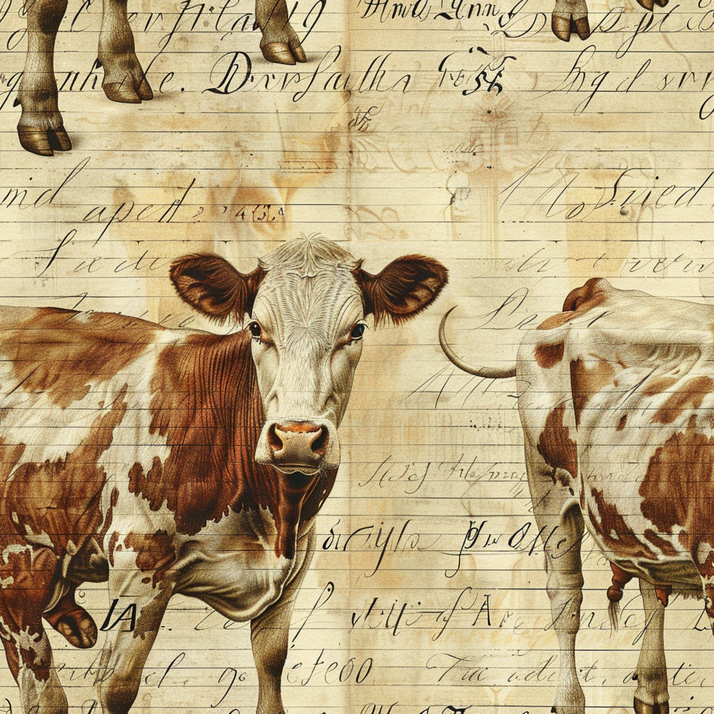 brown, cream, sepia tones, cows, cattle, farm animals, vintage script, handwriting, aged paper, rustic, pastoral, farmhouse style,, fabric panel, livestock, dairy cows, countryside, antique lettering, barnyard, agricultural
