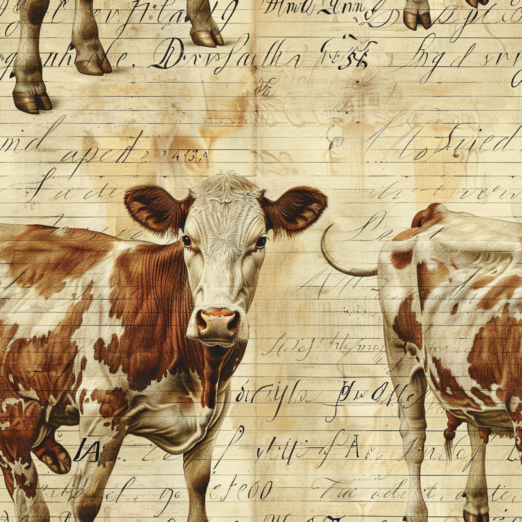 brown, cream, sepia tones, cows, cattle, farm animals, vintage script, handwriting, aged paper, rustic, pastoral, farmhouse style,, fabric panel, livestock, dairy cows, countryside, antique lettering, barnyard, agricultural