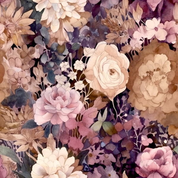 dusty rose, mauve, cream, taupe, chocolate brown, deep purple, blush pink, sage green, vintage floral, botanical, watercolor, roses, dahlias, peonies, layered petals, romantic, elegant, sophisticated, vintage, garden flowers, nature, spring, summer, feminine, traditional, moody florals, muted tones, nursery, baby girl, wedding