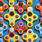fidget spinners, bright colors, yellow, red, blue, black, white, geometric pattern, toy design, modern, playful,, fabric panel, circular motifs, spinning toys, contemporary design, vibrant colors, repetitive pattern, novelty fabric, children's theme