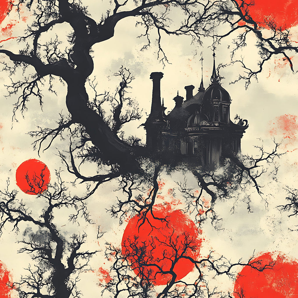 red, cream, black, bare branches, gothic mansion, victorian architecture, blood moon, spooky atmosphere, haunted house, leafless trees, chimneys, domed building, eerie silhouettes, horror theme, halloween design,, fabric panel, gothic revival, dark fantasy, autumn mood