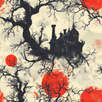 red, cream, black, bare branches, gothic mansion, victorian architecture, blood moon, spooky atmosphere, haunted house, leafless trees, chimneys, domed building, eerie silhouettes, horror theme, halloween design,, fabric panel, gothic revival, dark fantasy, autumn mood