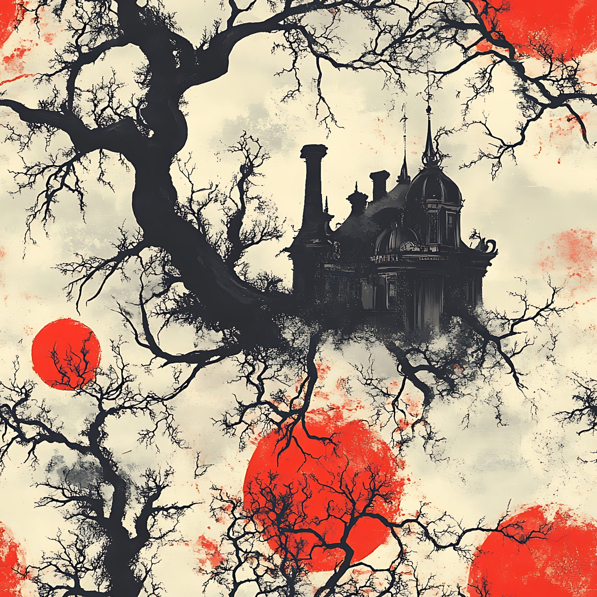 red, cream, black, bare branches, gothic mansion, victorian architecture, blood moon, spooky atmosphere, haunted house, leafless trees, chimneys, domed building, eerie silhouettes, horror theme, halloween design,, fabric panel, gothic revival, dark fantasy, autumn mood