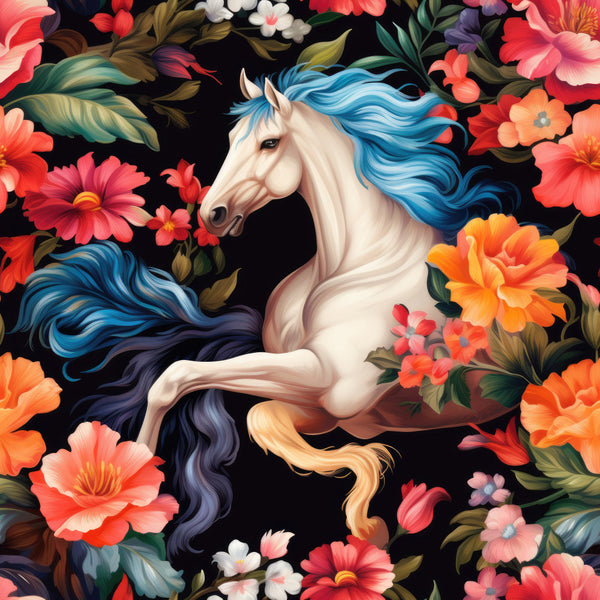 cream horse, blue mane, white horse, floral, flowers, botanical, nature, animals, fantasy, whimsical, magical, unicorn, coral pink, orange, red, yellow, blue, black background, daisy, peony, rose, leaves, foliage, spring, summer, vibrant colors, celestial, dreamy, children, kids room