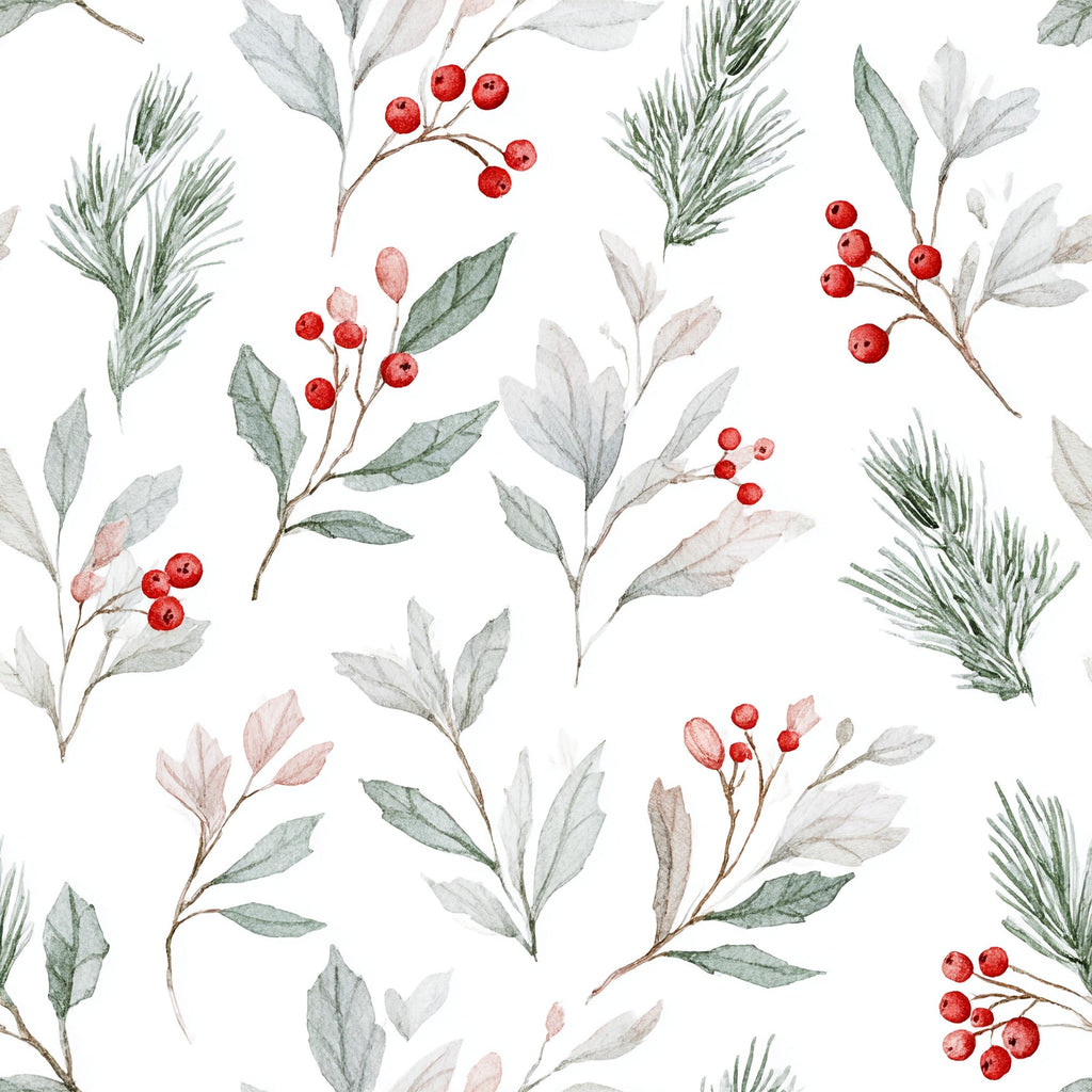 watercolor style, botanical pattern, red berries, green leaves, pine needles, winter foliage, mistletoe, holly, snow white background,, fabric panel, seasonal design, christmas botanicals, delicate branches, soft green, crimson red, pale pink, winter theme, repeating pattern, nature motifs
