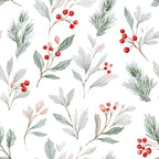 watercolor style, botanical pattern, red berries, green leaves, pine needles, winter foliage, mistletoe, holly, snow white background,, fabric panel, seasonal design, christmas botanicals, delicate branches, soft green, crimson red, pale pink, winter theme, repeating pattern, nature motifs