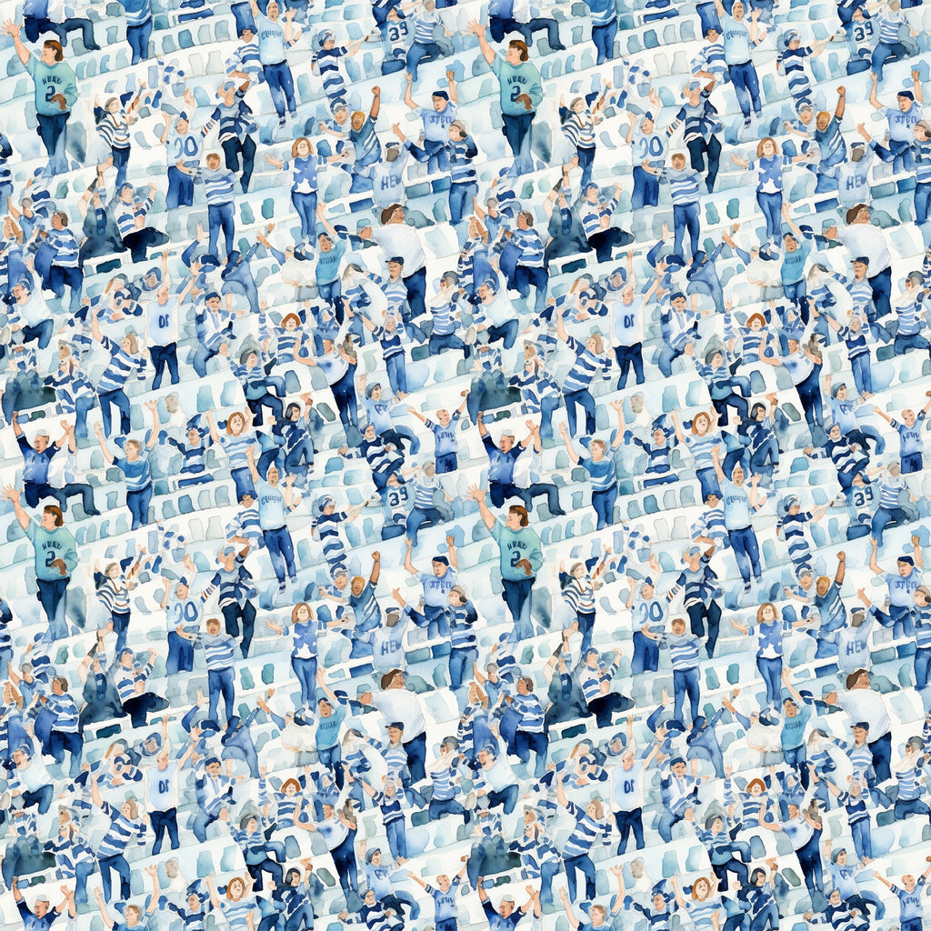watercolor, football fans, crowd scene, stadium seating, blue tones, white accents, navy blue, light blue, sports theme, cheering people,, fabric panel, athletic pattern, team colors, spectators, celebration, energetic mood, repeating pattern, cotton fabric, sports memorabilia