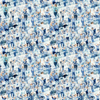 watercolor, football fans, crowd scene, stadium seating, blue tones, white accents, navy blue, light blue, sports theme, cheering people,, fabric panel, athletic pattern, team colors, spectators, celebration, energetic mood, repeating pattern, cotton fabric, sports memorabilia