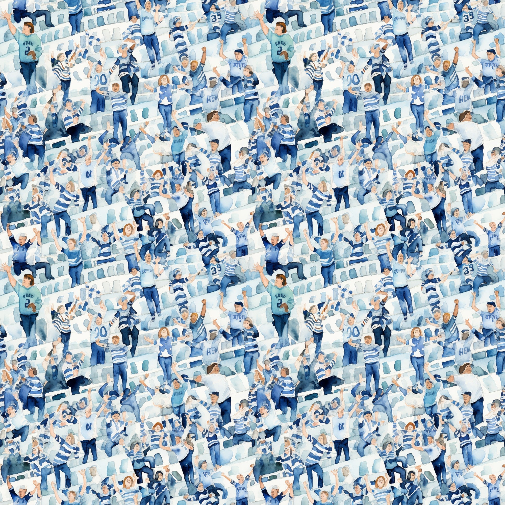watercolor, football fans, crowd scene, stadium seating, blue tones, white accents, navy blue, light blue, sports theme, cheering people,, fabric panel, athletic pattern, team colors, spectators, celebration, energetic mood, repeating pattern, cotton fabric, sports memorabilia