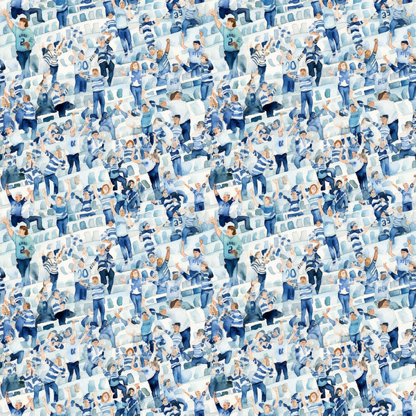 watercolor, football fans, crowd scene, stadium seating, blue tones, white accents, navy blue, light blue, sports theme, cheering people,, fabric panel, athletic pattern, team colors, spectators, celebration, energetic mood, repeating pattern, cotton fabric, sports memorabilia