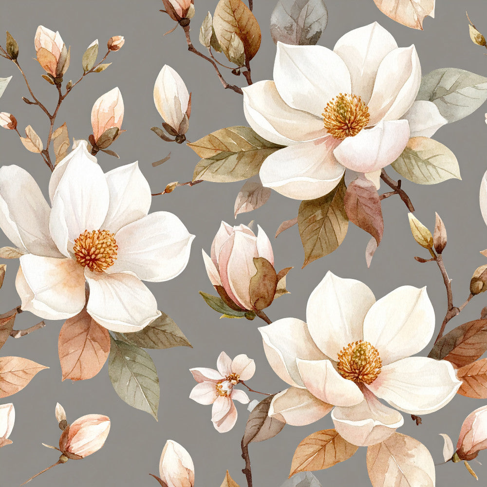 cream magnolia, blush pink, golden yellow, sage green, taupe, gray background, floral pattern, botanical, magnolia flowers, delicate petals, vintage style, elegant, romantic, nature-inspired, spring, summer, timeless, watercolor effect, soft aesthetic, garden flowers, blooming flowers, feminine, classic, traditional, botanical illustration, muted tones, peaceful, serene, nursery decor, baby shower