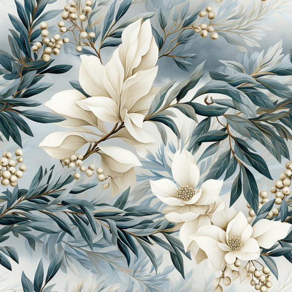 cream floral, dusty blue, sage green, ivory flowers, botanical, nature, elegant, vintage, romantic, magnolia, berries, peaceful, soft, traditional, garden, spring, neutral tones, delicate petals, leafy branches, gold accents, timeless, feminine, sophisticated, natural beauty, botanical illustration, cottage core, classic, serene, muted colors