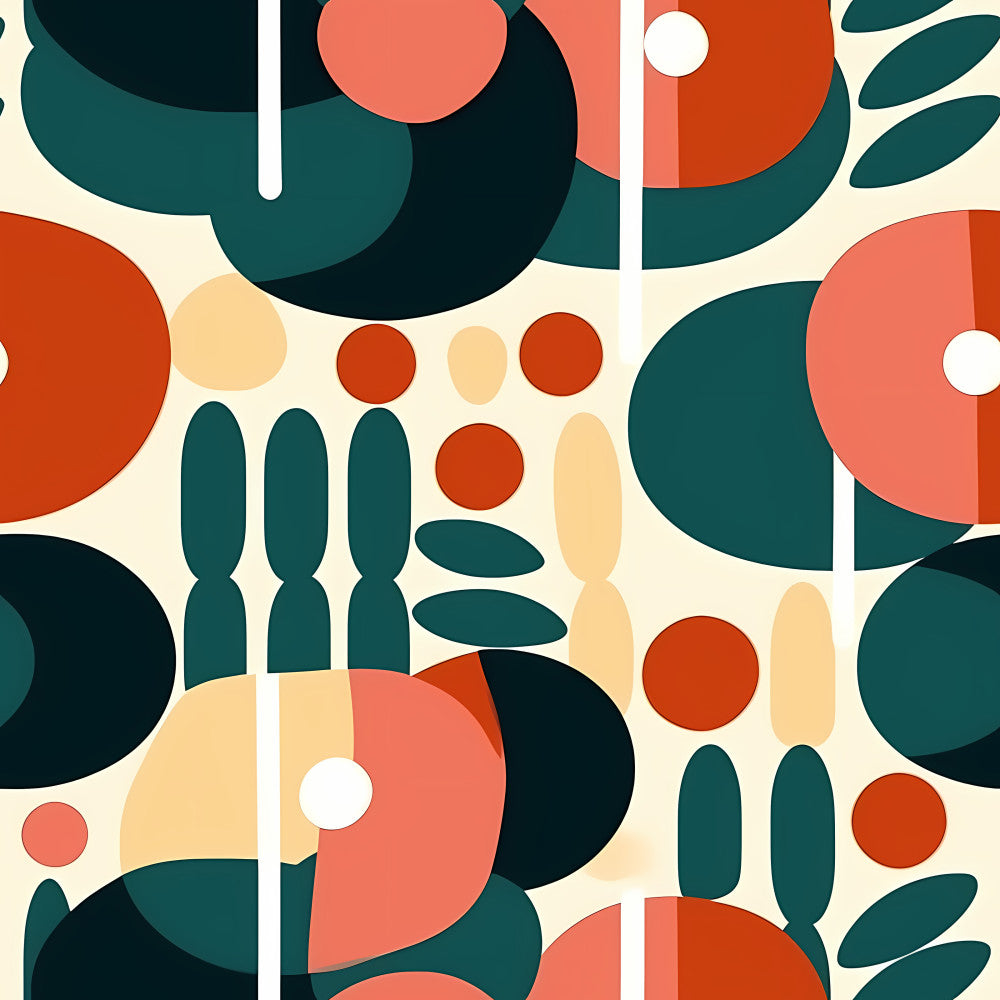 teal, coral pink, rust red, cream, burnt orange, navy blue, geometric, abstract, modern, botanical, mid-century modern, contemporary, circles, organic shapes, cacti, succulents, nature-inspired, minimalist, playroom, kids room, nursery, bohemian, eclectic, vibrant, colorful, retro modern, stylized plants, contemporary art, artistic