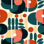 teal, coral pink, rust red, cream, burnt orange, navy blue, geometric, abstract, modern, botanical, mid-century modern, contemporary, circles, organic shapes, cacti, succulents, nature-inspired, minimalist, playroom, kids room, nursery, bohemian, eclectic, vibrant, colorful, retro modern, stylized plants, contemporary art, artistic