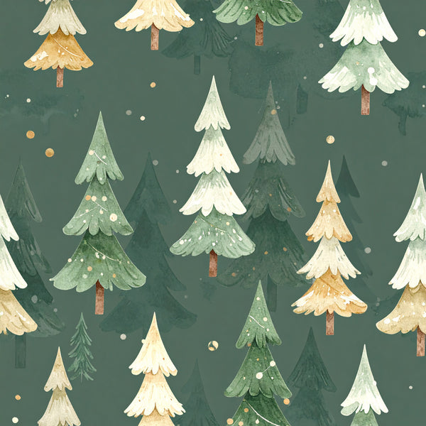 forest green, cream, ivory, gold, sage green, winter trees, evergreen, pine trees, snow-capped, holiday, christmas, snowy, winter forest, nature, woodland, whimsical, festive, cozy, rustic, traditional, decorative dots, snowing, winter wonderland, nursery, kids room, playroom, seasonal, cold weather, coniferous trees