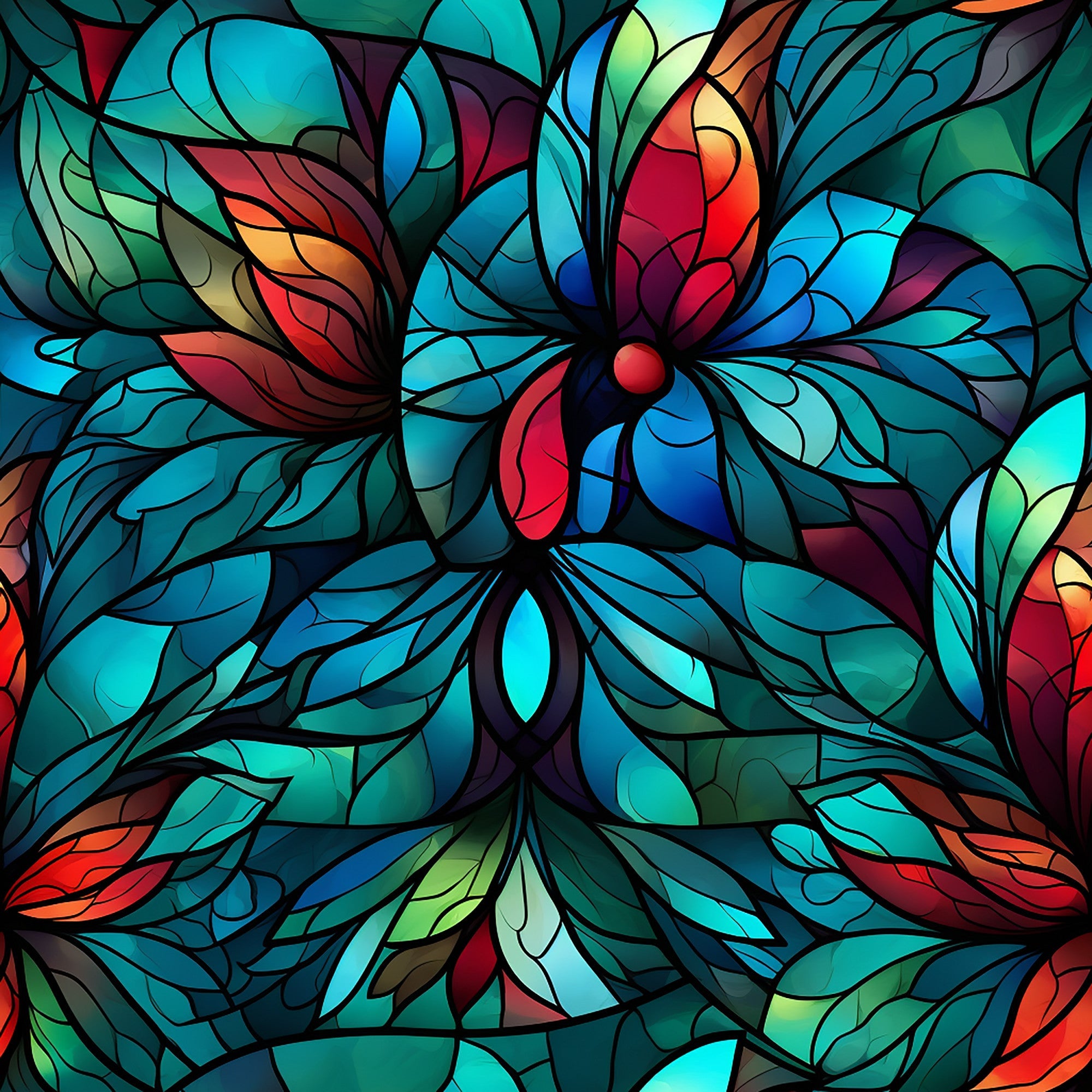 stained glass, christmas pattern,, fabric panel, turquoise, teal, red, orange, purple, blue, green, floral motifs, abstract design, geometric shapes, mosaic style, holiday fabric, vibrant colors, decorative pattern, crafting material, sewing fabric