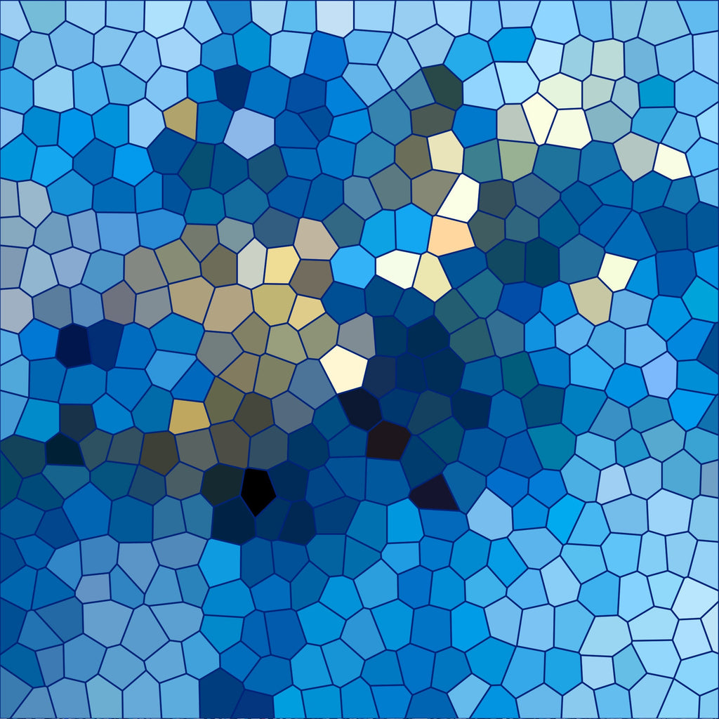 mosaic pattern, stained glass, geometric shapes, polygonal design, blue tones, navy blue, light blue, turquoise, cream accents, tan highlights, abstract art, tessellation, kaleidoscope effect,, fabric panel, modern style, contemporary design, piecing fabric, crafting material, artistic pattern