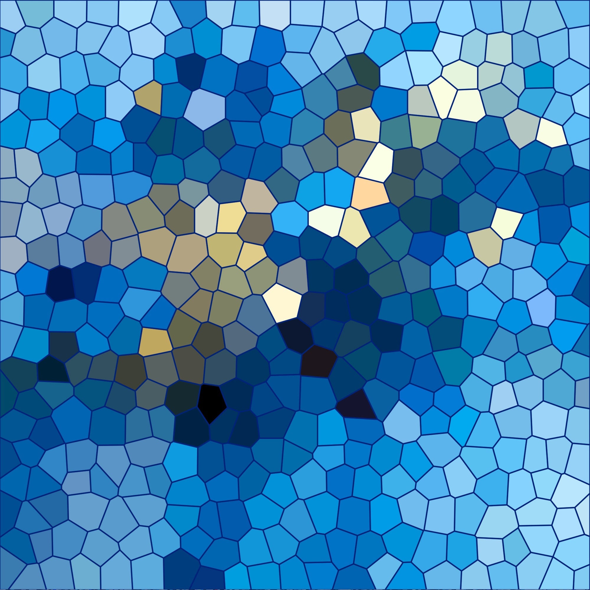 mosaic pattern, stained glass, geometric shapes, polygonal design, blue tones, navy blue, light blue, turquoise, cream accents, tan highlights, abstract art, tessellation, kaleidoscope effect,, fabric panel, modern style, contemporary design, piecing fabric, crafting material, artistic pattern