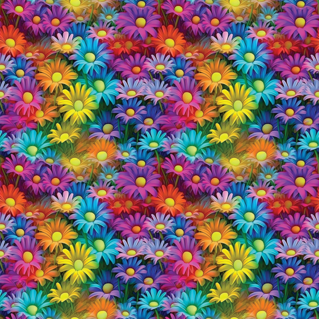 vibrant flowers, daisy pattern, purple petals, turquoise blooms, orange flowers, yellow centers, pink blossoms, blue daisies, rainbow colors, floral design, densely packed, bright botanical,, fabric panel, psychedelic style, neon hues, overlapping blooms, garden motif, cheerful pattern, kaleidoscope flowers