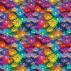vibrant flowers, daisy pattern, purple petals, turquoise blooms, orange flowers, yellow centers, pink blossoms, blue daisies, rainbow colors, floral design, densely packed, bright botanical,, fabric panel, psychedelic style, neon hues, overlapping blooms, garden motif, cheerful pattern, kaleidoscope flowers