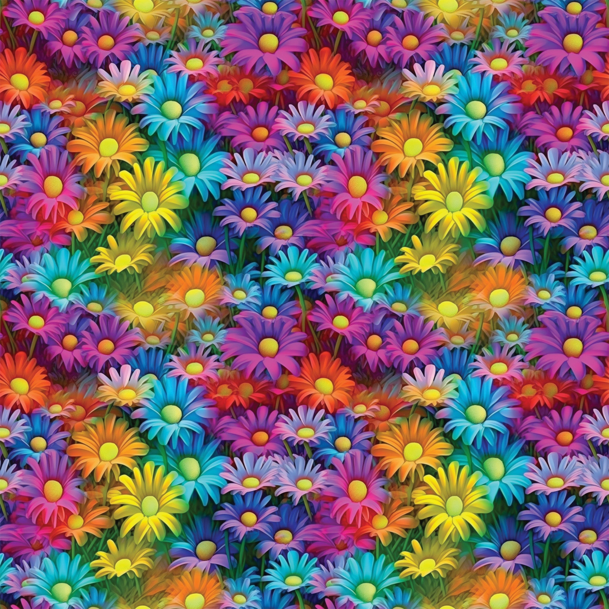vibrant flowers, daisy pattern, purple petals, turquoise blooms, orange flowers, yellow centers, pink blossoms, blue daisies, rainbow colors, floral design, densely packed, bright botanical,, fabric panel, psychedelic style, neon hues, overlapping blooms, garden motif, cheerful pattern, kaleidoscope flowers