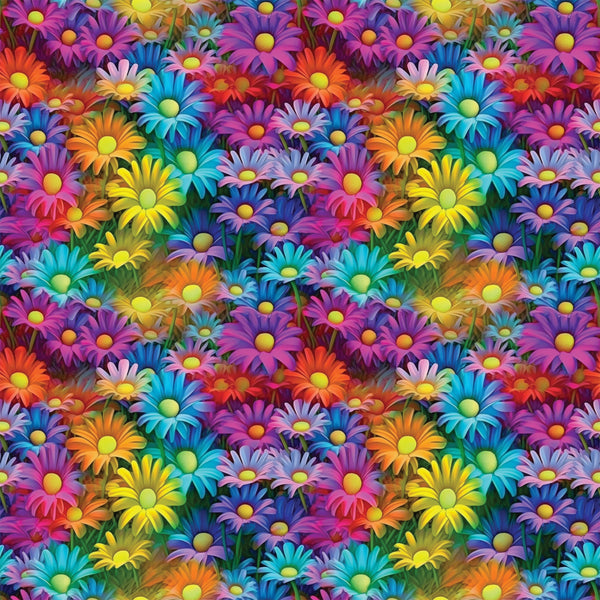 vibrant flowers, daisy pattern, purple petals, turquoise blooms, orange flowers, yellow centers, pink blossoms, blue daisies, rainbow colors, floral design, densely packed, bright botanical,, fabric panel, psychedelic style, neon hues, overlapping blooms, garden motif, cheerful pattern, kaleidoscope flowers