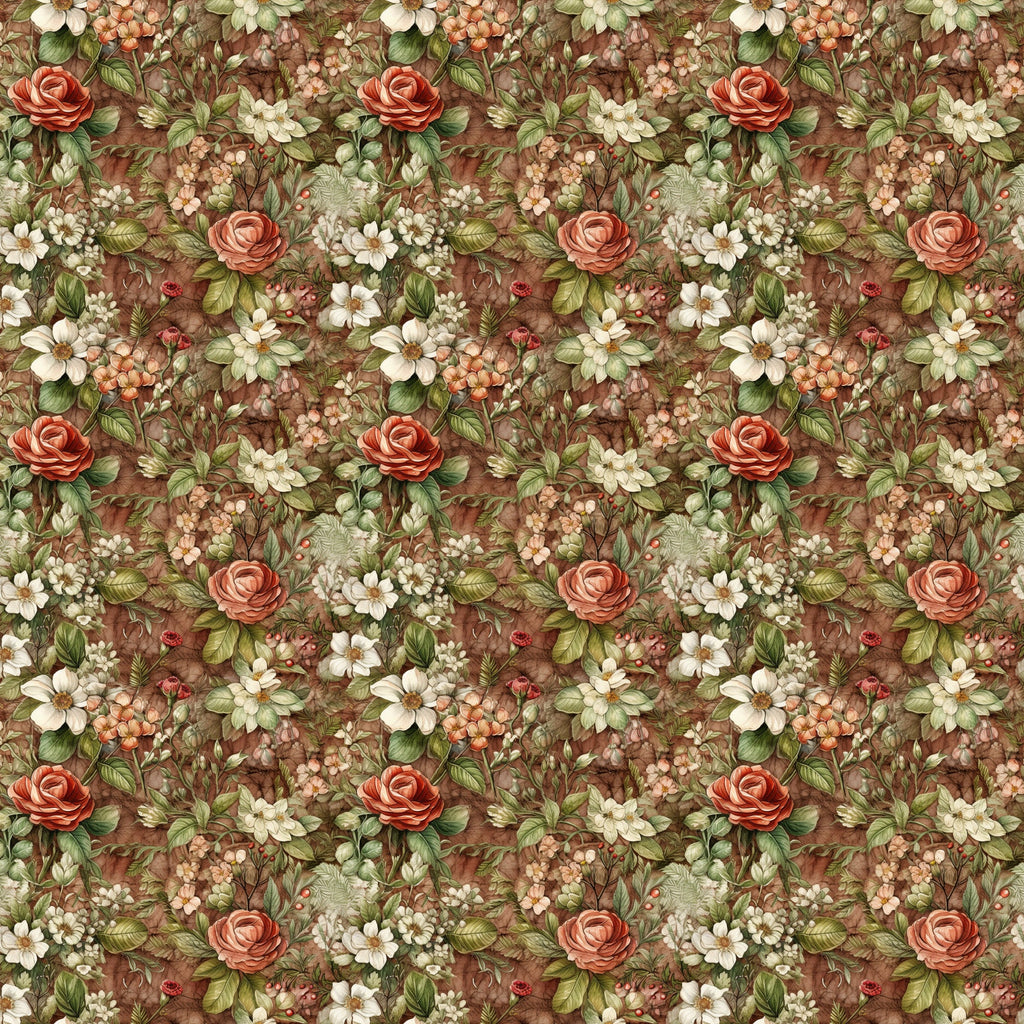 burgundy, coral roses, cream flowers, sage green, brown background, floral pattern, botanical design, vintage style,, fabric panel, english garden, romantic florals, earthy tones, repeating motif, delicate blooms, nature inspired, cottage core, muted palette, small scale print