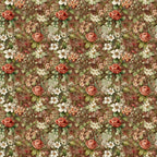 burgundy, coral roses, cream flowers, sage green, brown background, floral pattern, botanical design, vintage style,, fabric panel, english garden, romantic florals, earthy tones, repeating motif, delicate blooms, nature inspired, cottage core, muted palette, small scale print
