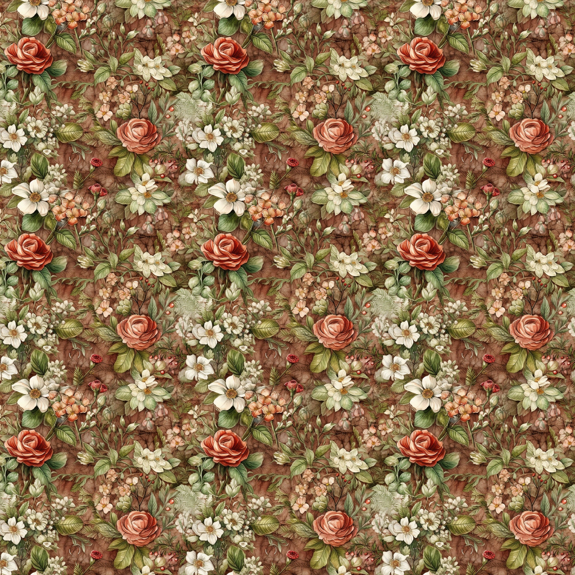 burgundy, coral roses, cream flowers, sage green, brown background, floral pattern, botanical design, vintage style,, fabric panel, english garden, romantic florals, earthy tones, repeating motif, delicate blooms, nature inspired, cottage core, muted palette, small scale print
